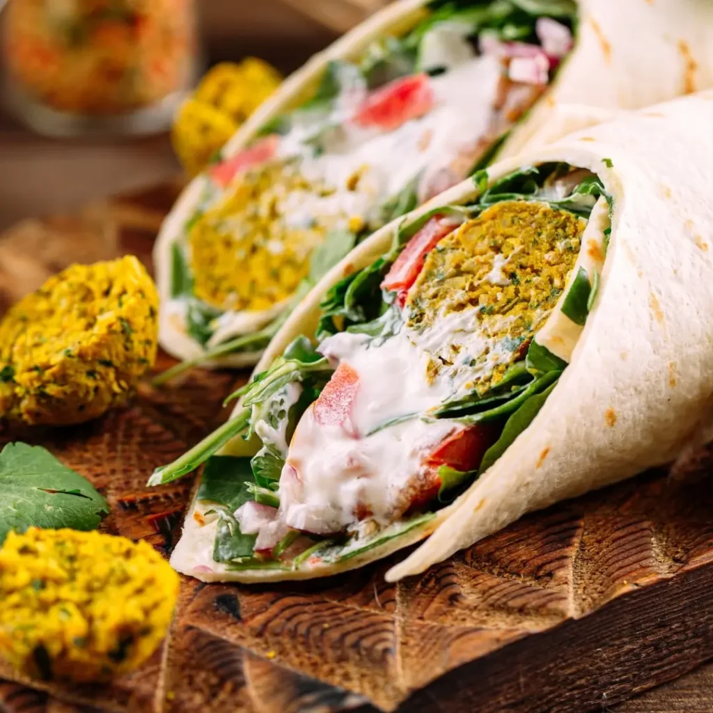Nahaufnahme von vegetarischem Wrap gefüllt mit salat und falafel